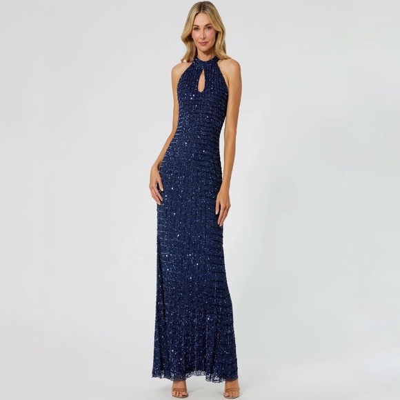 NWT Mac Duggal [ 6 ] 23018 Embellished Halter Neck Keyhole Gown Mid Blue #Q1151 - Picture 1 of 12